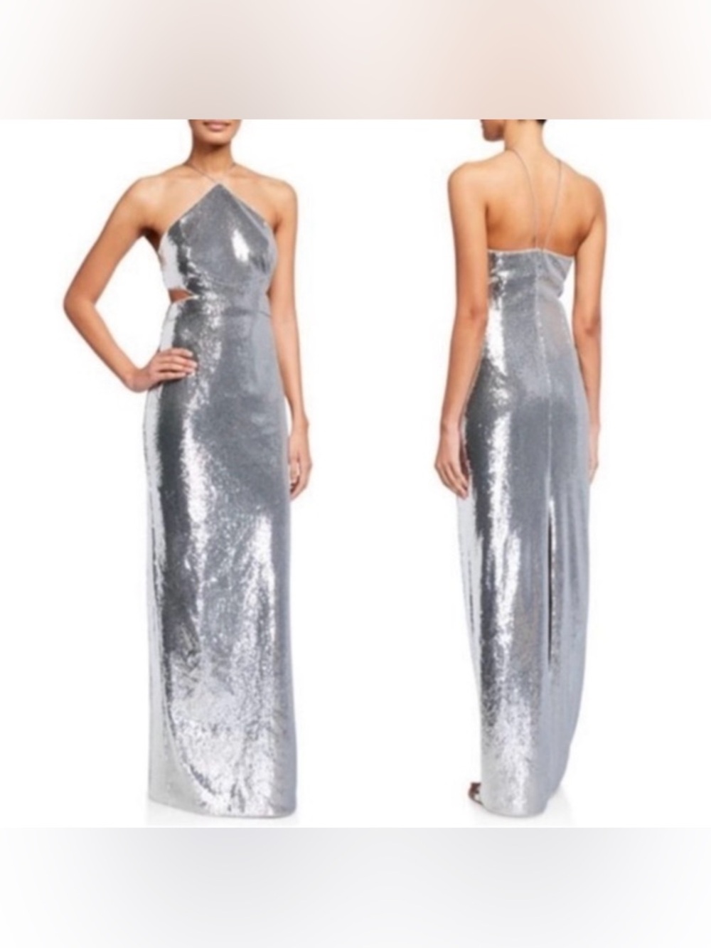 💛 NWT Aidan Mattox Silver Sequin Halter Prom Dress 4